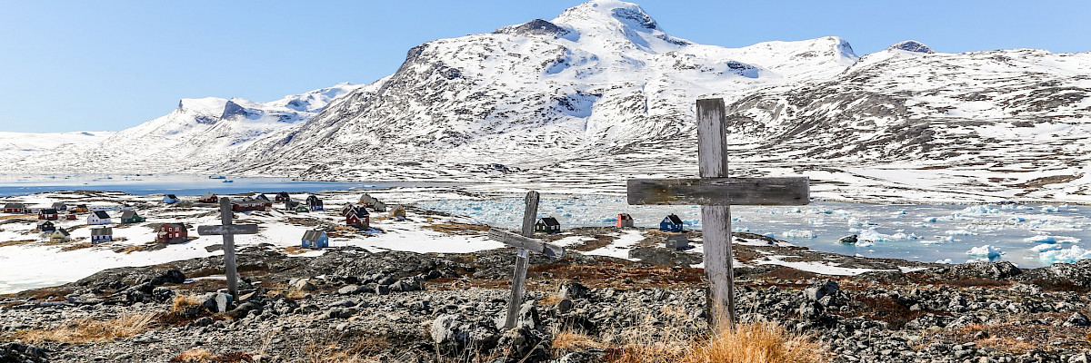 Abandoned cemetery in Qoornoq, Greenland - former fishermen village in the Nuuk fjord