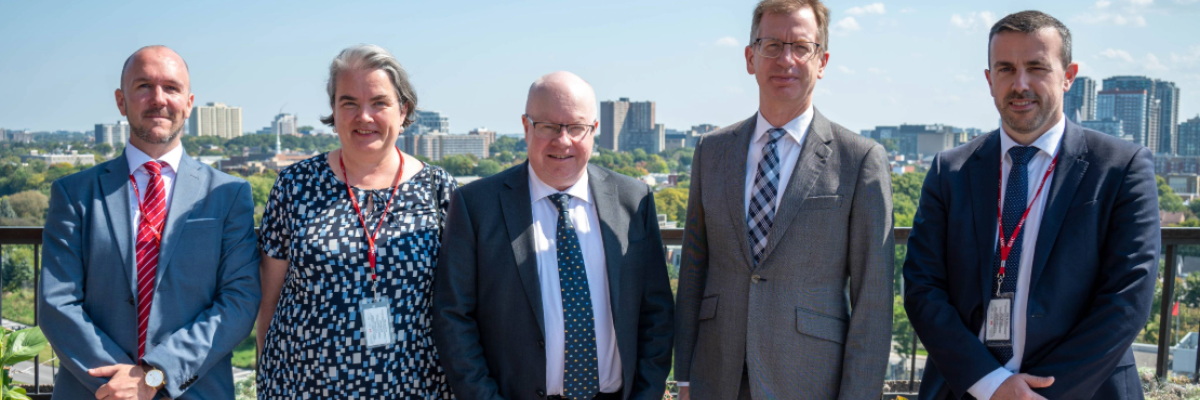 Morten Høglund, Chair of the Senior Arctic Officials (center) with Robert Sinclair, Senior Arctic Official for Canada (center-right), Inga Nyhamar, Chair of the Sustainable Development Working Group (center-left), Mathieu Parker, Director of the Arctic Council Secretariat (right), and Joël Plouffe, Senior Advisor at the Arctic Council Secretariat (left)
